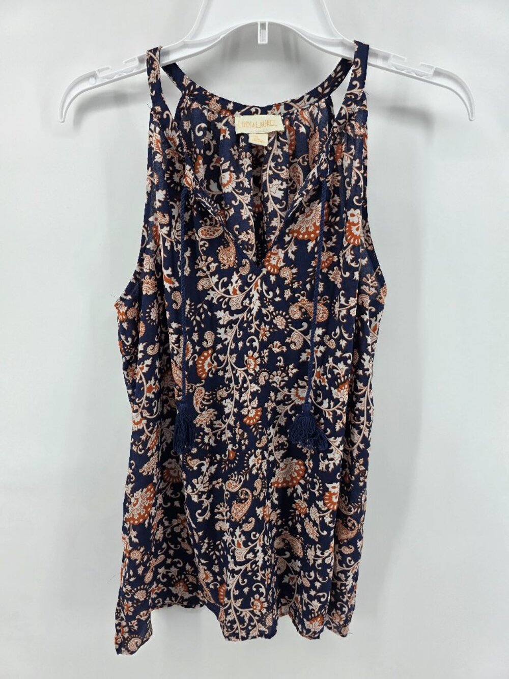 Lucy & Laurel Navy Paisley‎ Floral Tank Top – Size M – Tassel Tie Boho